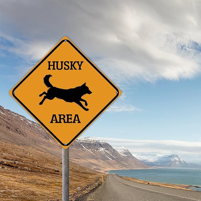 Warning Husky Area Aluminum Metal Sign Husky Dog Caution Crossing Xing Street Sign Yellow Diamond Shape Funny Metal Sign For Indoor Outdoor Highway10x10in