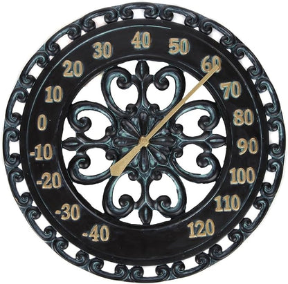 Lily's Home Hanging Verdigris Wall Dial Thermometer, Ideal for Indoor and Outdoor Use, Black (13 Inches)