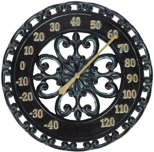 Lily's Home Hanging Verdigris Wall Dial Thermometer, Ideal for Indoor and Outdoor Use, Black (13 Inches)