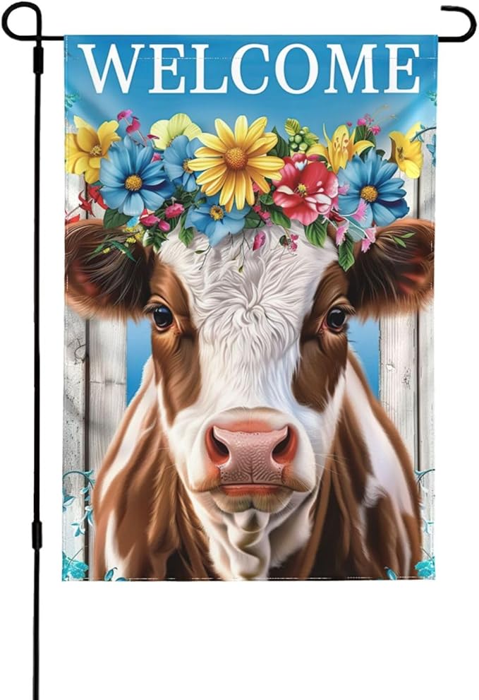 Floral Cow Garden Flags 12×18 Inch Welcome Double Sided Decorative Yard Banner Seasonal Flag for Outdoor Outside Decor
