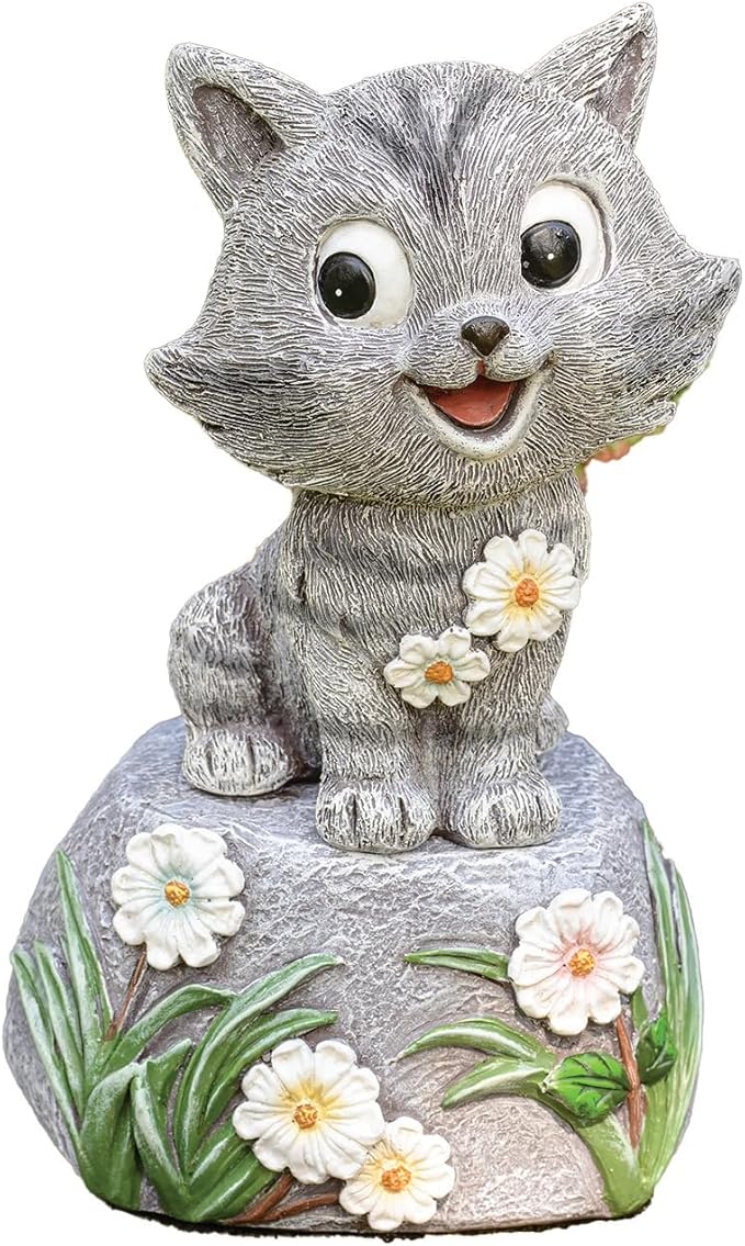 Roman 7.5” Adorable Cat on Rock Garden Statue – Outdoor Figurine – Whimsical Yard, Lawn, or Patio Decor for Cat Lovers