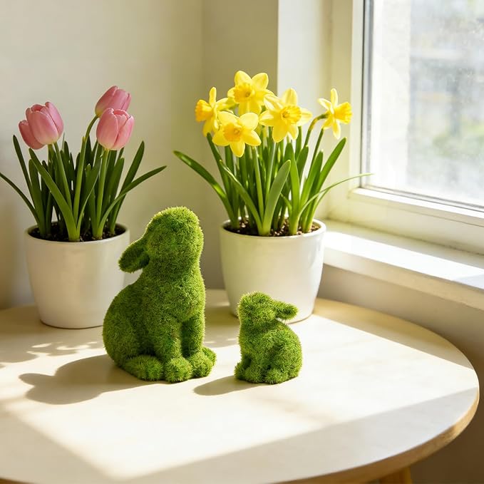 Resin Flocked Bunny Figurines Set of 2,Moss Bunnies for Outdoor Decor,Small Rabbit Statues for Garden Decor,Yard Decorations Outdoor Patio Decor, Gardening Gifts for Women