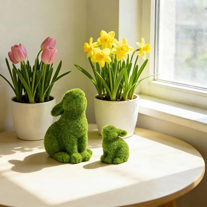 Resin Flocked Bunny Figurines Set of 2,Moss Bunnies for Outdoor Decor,Small Rabbit Statues for Garden Decor,Yard Decorations Outdoor Patio Decor, Gardening Gifts for Women