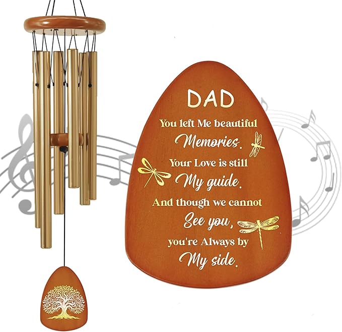 Dad Memorial Sympathy Wind Chimes for Outside, Dragonfly Wind Chimes for Loss of Father for Bereavement/Condolence/Funerary Gift Idea,32inch Wooden,Brown