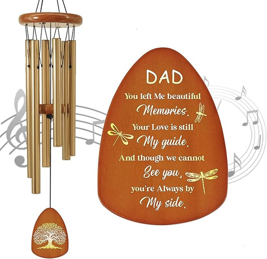 Dad Memorial Sympathy Wind Chimes for Outside, Dragonfly Wind Chimes for Loss of Father for Bereavement/Condolence/Funerary Gift Idea,32inch Wooden,Brown