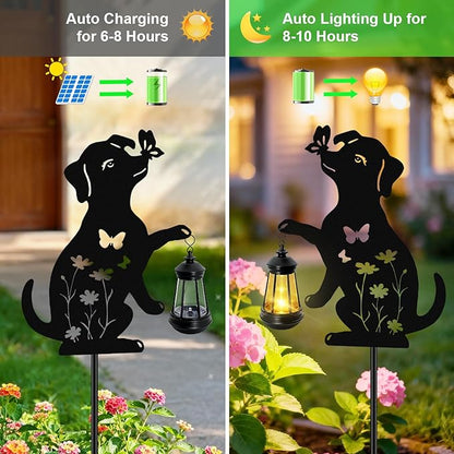 Dog Outdoor Solar Lantern Waterproof, Birthday Gifts for Christmas Women Mom, Solar Hanging Lights with Butterfly Metal Figurine, Garden Decor Outside Patio Yard Pathway Backyard Ornaments, 2 Pack