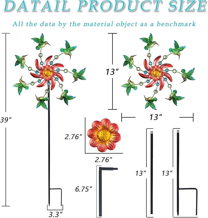 COOZZYHOUR 39" Hummingbird Wind Spinner for Yard and Garden Stake,Outdoor Metal Windmill Single Direction Wind Sculptures Kinetic Windmills for Yard Garden Decorations