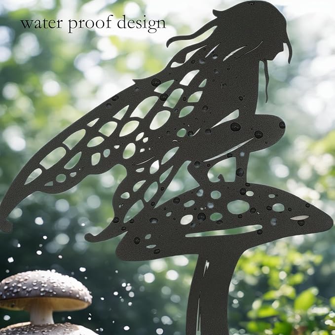Decorative Garden Stakes， Fairy Garden Stakes, Butterfly Fairy Stakes for Weather Resistant Black Metal Outdoor Decorative Art for Women Gift (Matte Black, 3P-A)