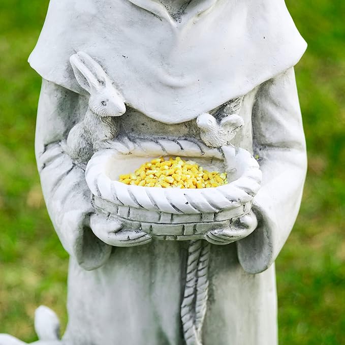 Glitzhome St. Francis Feeds Animals Statue Outdoor Garden Memorail Sculpture, 36.25in Tall, Cement Gray