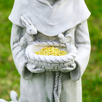 Glitzhome St. Francis Feeds Animals Statue Outdoor Garden Memorail Sculpture, 36.25in Tall, Cement Gray