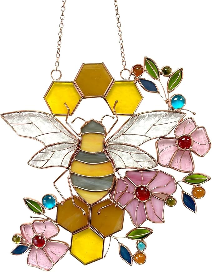 Honeybee with Flowers Ornaments Bee Handmade Stained Glass Window Hanging Suncatcher for Indoor/Outdoor Window Garden Home Kitchen Decor Gift for Women Teacher Bee Lover