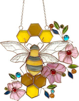 Honeybee with Flowers Ornaments Bee Handmade Stained Glass Window Hanging Suncatcher for Indoor/Outdoor Window Garden Home Kitchen Decor Gift for Women Teacher Bee Lover