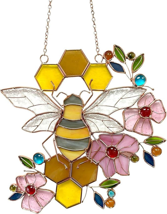 Honeybee with Flowers Ornaments Bee Handmade Stained Glass Window Hanging Suncatcher for Indoor/Outdoor Window Garden Home Kitchen Decor Gift for Women Teacher Bee Lover