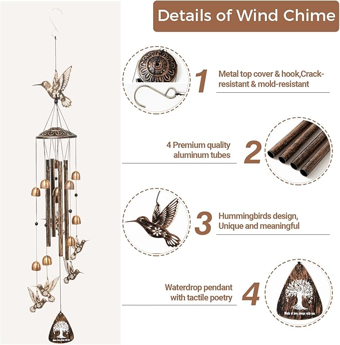 Hummingbird Metal Wind Chimes for Outside - Hummingbird Gifts for Women/Men,Garden Front Yard Outdoor Decor, Memorial/Housewarming/Birthday/Festival Gifts for Women Men