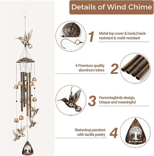 Hummingbird Metal Wind Chimes for Outside - Hummingbird Gifts for Women/Men,Garden Front Yard Outdoor Decor, Memorial/Housewarming/Birthday/Festival Gifts for Women Men