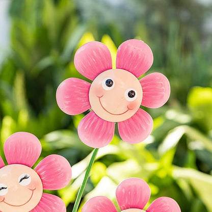 Glitzhome Happy Face Flower Yard Stake, 36”H Metal Flower Stakes with Triple Smiling Design, Iron Garden Yard Spring Decor or Wall Decor