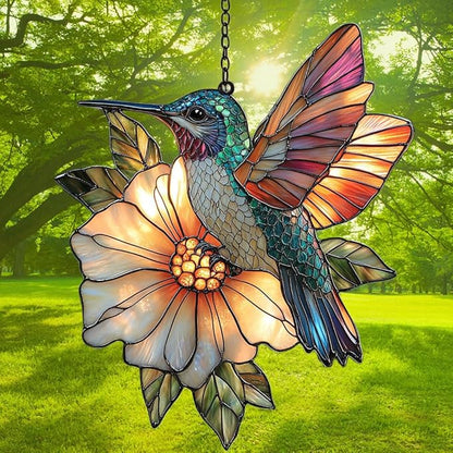 Hummingbird Mosaic Style Acrylic Suncatcher Stained Glass Effect Window Car Hanging Christmas Ornament Indoor Outdoor Decor Garden Sun Catcher Panel for Hummingbird Lover for Women Mom Grandma