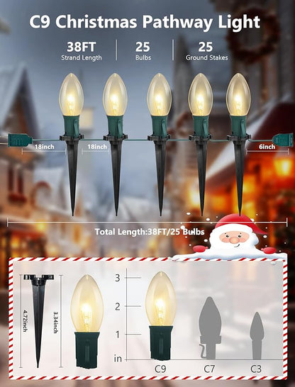 Christmas Pathway Lights Outdoor,38FT 25 Pcs Warm White Extendable Waterproof Walkway Lights with C9 Clear Bulbs and Stakes for Outdoor Yard Porch Driveway Backyard Christmas Decorations
