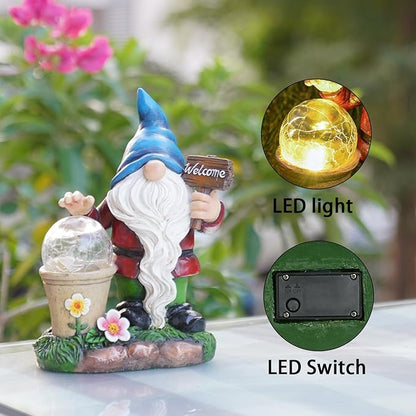 Cynkeyee Garden Gnome Outdoor Statue Decor - Solar Gnomes Figurine, Outdoor Gnome Decor, Gnomes Decorations for Yard with Solar Light, Gnome Sculptures for Patio Lawn Ornaments 6.5x4x8.5 Inch