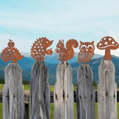 5Pcs Metal Squirrel Garden Stake for Wall Fence Rusty Garden Art Hedgehog Owl Mushrooms Squirrel Pattern Durable Iron Yard Sculptures for Pathway Patio Lawn Ornaments Ground Insert Decor