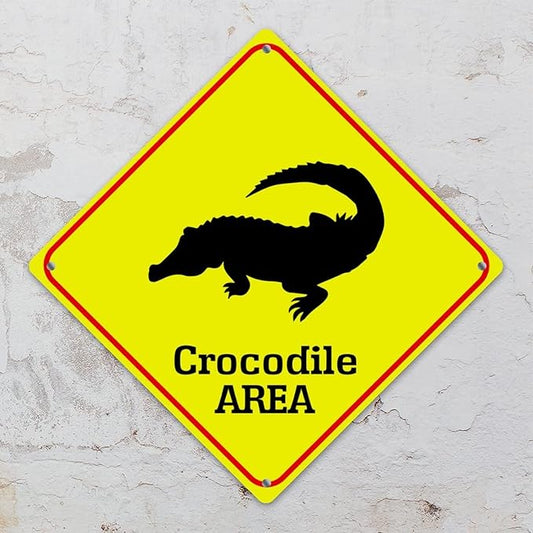 Warning Crocodile Area Metal Tin Sign Ocean Animal Caution Crossing Xing Street Sign Yellow Diamond Shape Funny Metal Sign For Indoor Outdoor Highway15x15in