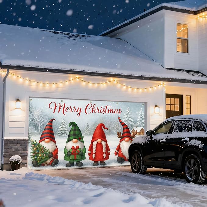 IVN Christmas Garage Door Cover Decoration 13x6ft Gnomes Snow Scene White Background Gift Tree Merry Christmas Garage Door Banner Home Door Front Yard Decor for Xmas Eve Holiday Outdoor