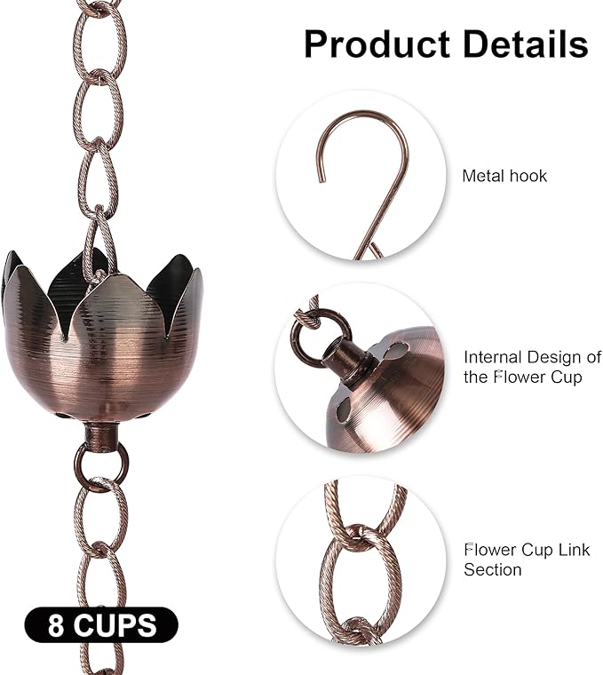 Rain Chain Decoration 6 Ft., Rain Catcher Chain Gutter Metal Downspout 70'' for House Eaves, Garden & Home, Flower Shape Rain Chains
