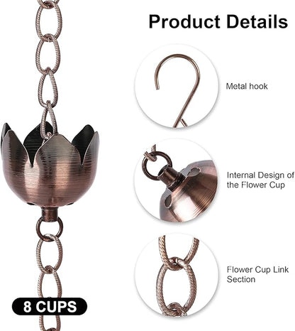 Rain Chain Decoration 6 Ft., Rain Catcher Chain Gutter Metal Downspout 70'' for House Eaves, Garden & Home, Flower Shape Rain Chains