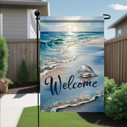 Welcome Summer Coastal Garden Flag Double Sided 12 x 18 Inch Beach Coastal Coral Starfish Shell Sea Horse Yard Outside Decorations Nautical Seasonal Burlap Outdoor Small Home Decor