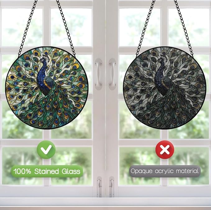 Peacock Decor Suncatcher Stained Glass Window Hanging - 8 Inch Colorful Suncatchers for Windows Hanging - Handmade Sun Catchers Glass Panel with Hook and Chain - Birthday Gifts for Women Mom Friends