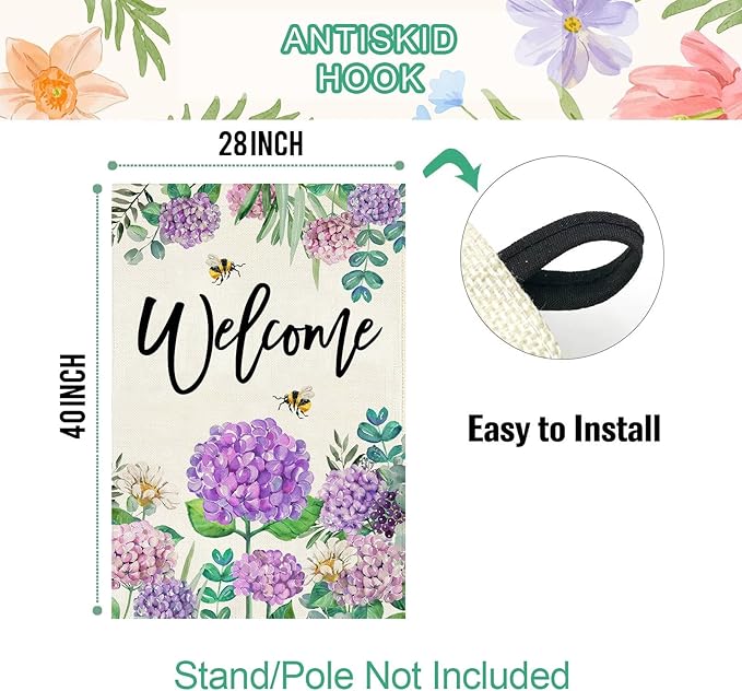 Baccessor Spring Hydrangea House Flag Double Sided 28x40 Inch, Purple Flower Floral Welcome House Flag Burlap Seasonal Farmhouse Yard Outdoor Decoration (Large)