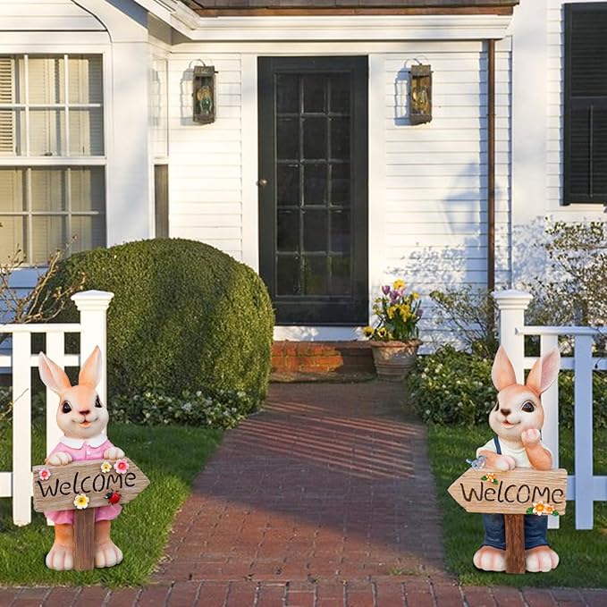 22" Solar Large Rabbit Statue Garden Decor Resin Standing Bunny Statue with Welcome Sign Outdoor Easter Decorations for Porch Patio Lawn Yard Gardening Gifts for Mom Women, Blue Rabbit