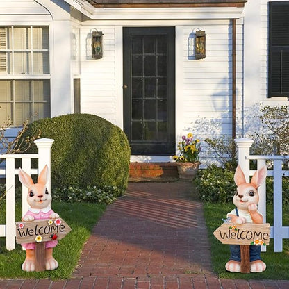 22" Solar Large Rabbit Statue Garden Decor Resin Standing Bunny Statue with Welcome Sign Outdoor Easter Decorations for Porch Patio Lawn Yard Gardening Gifts for Mom Women, Blue Rabbit