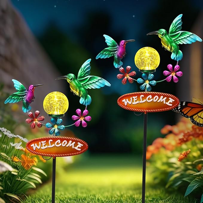 Outdoor Solar Garden Stakes Welcome Sign, 2 Flying Hummingbirds with Cracked Glass Ball,Decorative Garden Stakes for Lawn, Patio, Hummingbird Gifts for Women