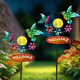 Outdoor Solar Garden Stakes Welcome Sign, 2 Flying Hummingbirds with Cracked Glass Ball,Decorative Garden Stakes for Lawn, Patio, Hummingbird Gifts for Women