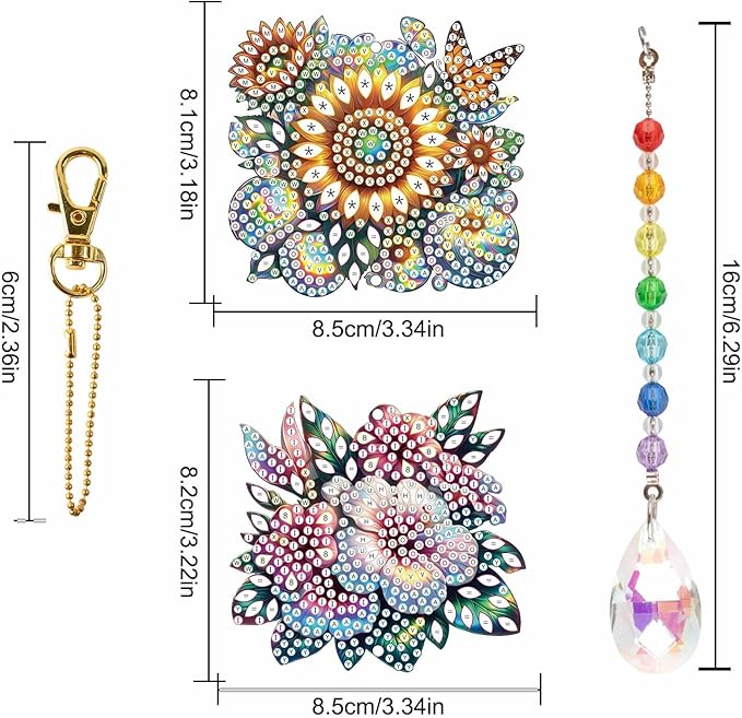 MVVMTOP 2pcs Diamond Art Painting Wind Chime with Crystal Pendant, DIY Flowers Double-Sided Design Special Shape Acrylic Crystal Diamond Ornament, Home Window Garden Hanging Pendant Decoration