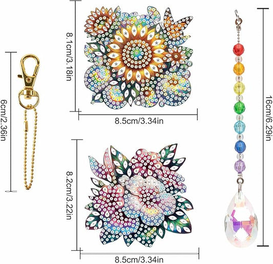 MVVMTOP 2pcs Diamond Art Painting Wind Chime with Crystal Pendant, DIY Flowers Double-Sided Design Special Shape Acrylic Crystal Diamond Ornament, Home Window Garden Hanging Pendant Decoration