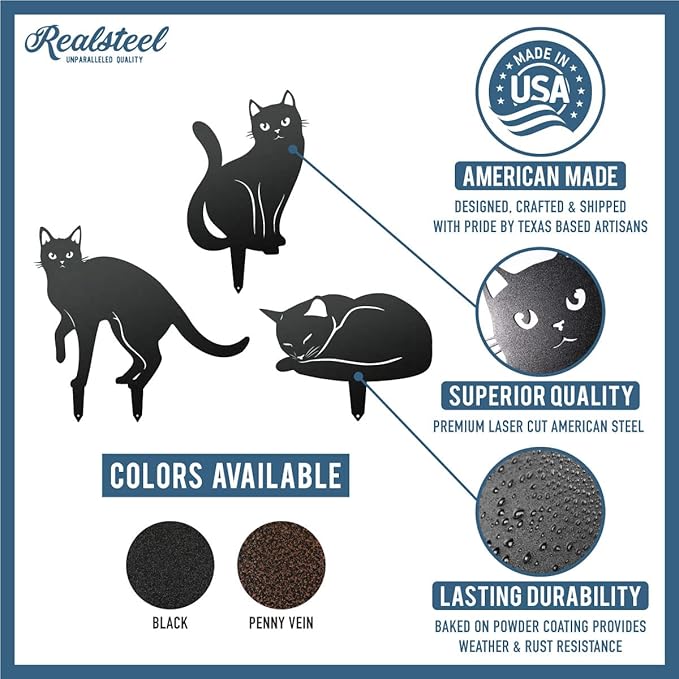 RealSteel Garden Art Cats 3 Pack (2nd Edition) – Metal Cat Yard Stakes & Outdoor Garden Statues – Decorative Lawn & Patio Art for Cat Lovers – Zen Garden & Spring Outdoor Décor – Penny Vein