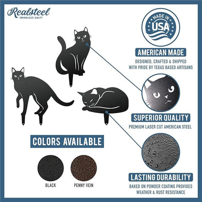 RealSteel Garden Art Cats 3 Pack (2nd Edition) – Metal Cat Yard Stakes & Outdoor Garden Statues – Decorative Lawn & Patio Art for Cat Lovers – Zen Garden & Spring Outdoor Décor – Penny Vein