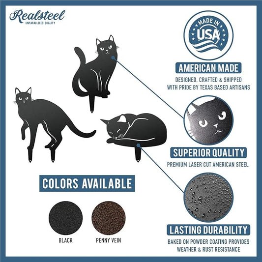 RealSteel Garden Art Cats 3 Pack (2nd Edition) – Metal Cat Yard Stakes & Outdoor Garden Statues – Decorative Lawn & Patio Art for Cat Lovers – Zen Garden & Spring Outdoor Décor – Penny Vein