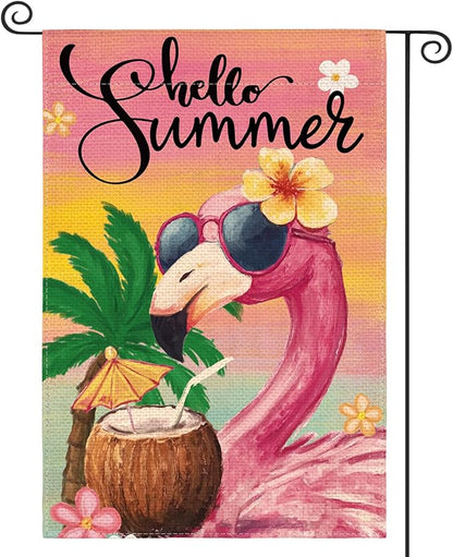 AVOIN colorlife Hello Summer Flamingo Garden Flag 12x18 Inch Double Sided Outside, Coastal Seasonal Yard Outdoor Flag