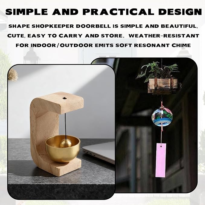 2Pcs Magnetic Wooden Doorbell with Brass Bell, Beech Wood Entry Alert Chime for Home and Office, Decorative Shopkeepers Bell for Retail Shop, Minimalist Door Opening Bell with Adhesive Backing