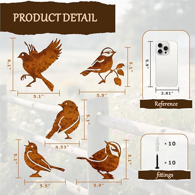 5PCS Rusty Metal Birds Garden Decor - Vintage Yard Art for Fence Decorations, Rustic Outdoor Decor, Ideal Gift for Bird Lovers (Wrens, Life-Size Silhouettes)