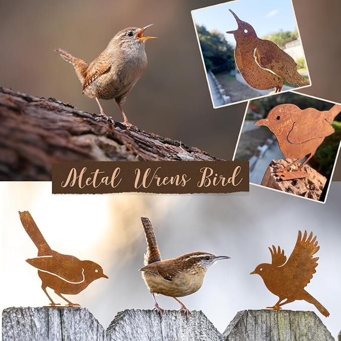 OULYDEKO 5PCS Rusty Birds Decoration,Outdoor Bird Wall Decor,Metal Birds Yard Decor, Metal Birds Craft Statue Ornaments - Garden Sculptures and Yard Art, Fence Decorations Outdoor,Rustic Garden Decor