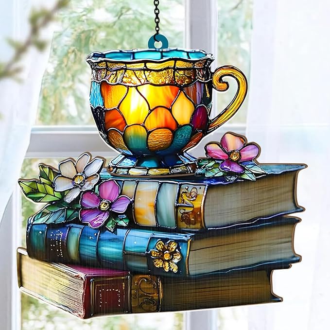 Jesuspirit - Window Hanging Suncatcher – Crystal Clear Acrylic & Wood Sun Catcher for Home Decor, for Women (Floral Book and Tea, 6 Inches)