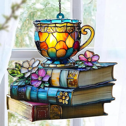 Jesuspirit - Window Hanging Suncatcher – Crystal Clear Acrylic & Wood Sun Catcher for Home Decor, for Women (Floral Book and Tea, 8 Inches)
