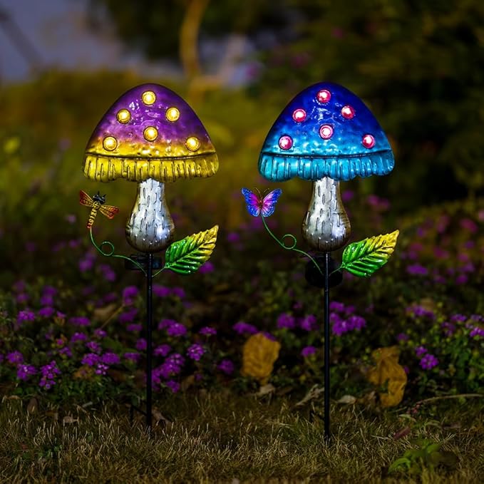 Solar Mushroom Lights for Outside 2 Pack，Mushroom Solar Lights Outdoor Metal Stakes Decorate Garden,Path,Backyard,Flower Bed,Pathway,Lawn