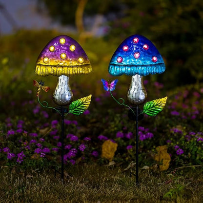 Solar Mushroom Lights for Outside 2 Pack，Mushroom Solar Lights Outdoor Metal Stakes Decorate Garden,Path,Backyard,Flower Bed,Pathway,Lawn
