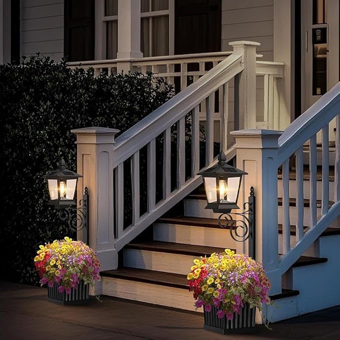 2 in 1 Outdoor Flower Pots for Real or Fake Flowers, Solar Lamp with Planter Base, 27” Wall Mount Decorative Light for Front Porch, Waterproof LED Light for Garden, Patio, Backyard