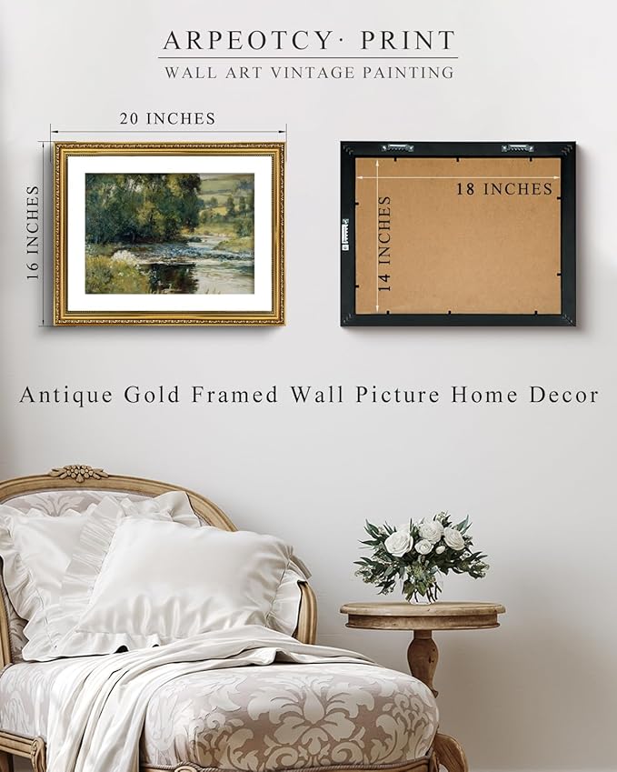 ARPEOTCY Vintage Gold Framed Large Wall Art, Nature Streamside Retro Paintings, Canvas Prints Artwork with Antique Frame, Victorian Wall Pictures Decor for Living Room Gallery Room 16x20 inch